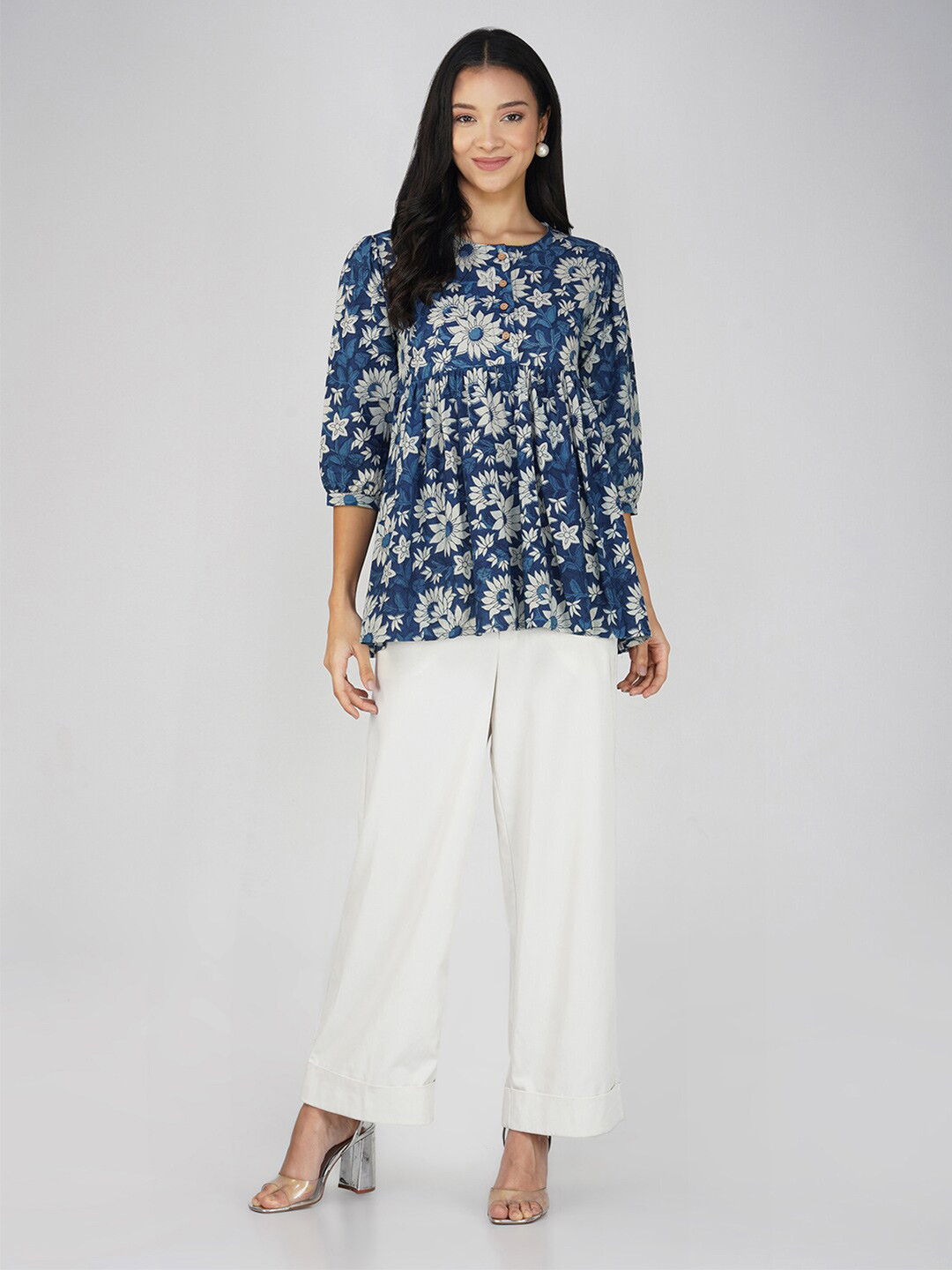 SPARSA Floral Puff Sleeve Round Neck Block Print Cotton Top