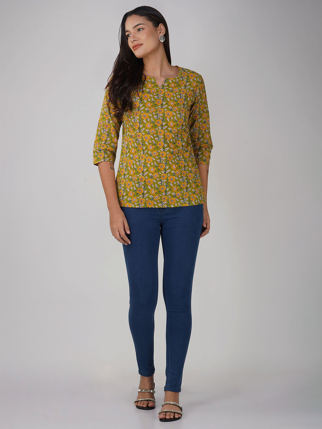 SPARSA Floral Printed V Neck Opaque Cotton Top