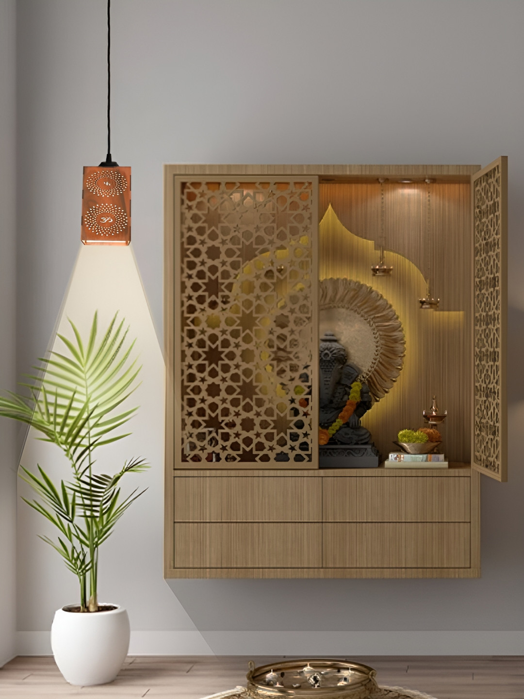 Gojeeva Brown Swastik & Aum Symbol Wooden 10 Watts Rectangular Traditional Ceiling Lamp