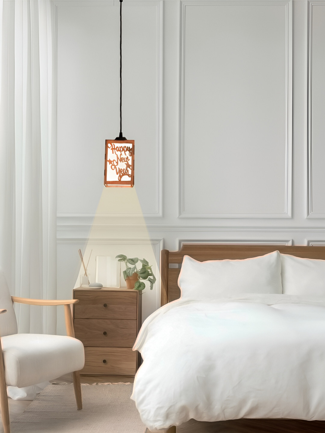 Gojeeva Brown & White Happy New Year Wooden 10 Watts Rectangular Contemporary Ceiling Lamp