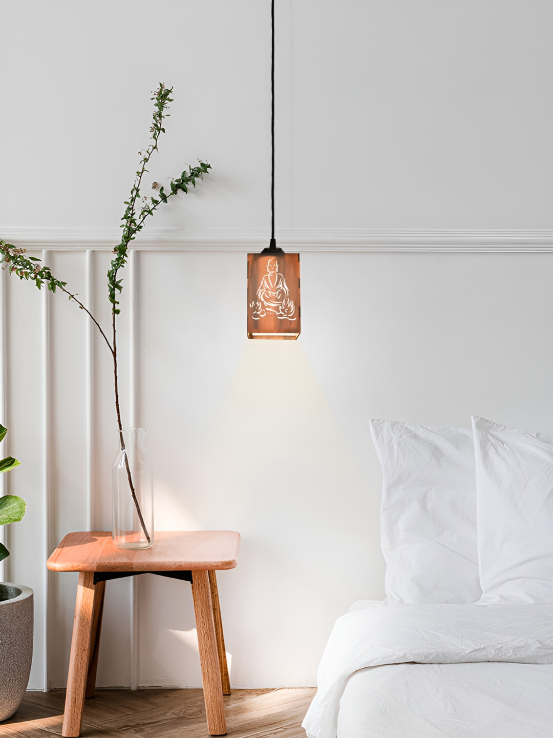 Gojeeva Brown and White Buddhist Monk Wooden 10 Watts Rectangular Traditional Ceiling Lamp