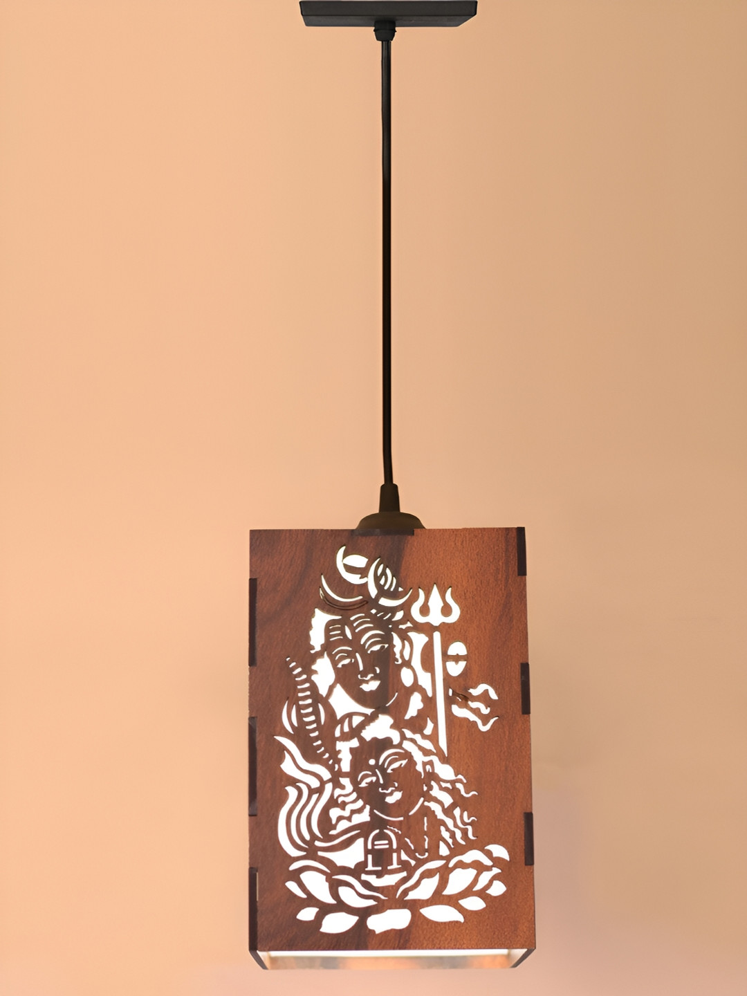 Gojeeva Brown and White Shiv Parvati Wooden 10 Watts Rectangular Traditional Ceiling Lamp