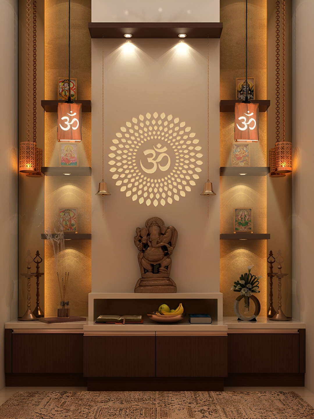 Gojeeva Brown and White  Aum Symbol Wooden 10 Watts Rectangular Traditional Ceiling Lamp