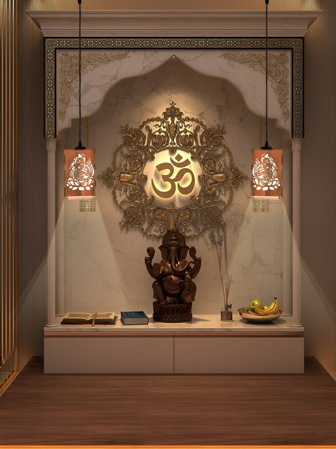 Gojeeva Brown 4 Pieces Carved Traditional Wooden Ceiling Lamp With Adjustable Cord