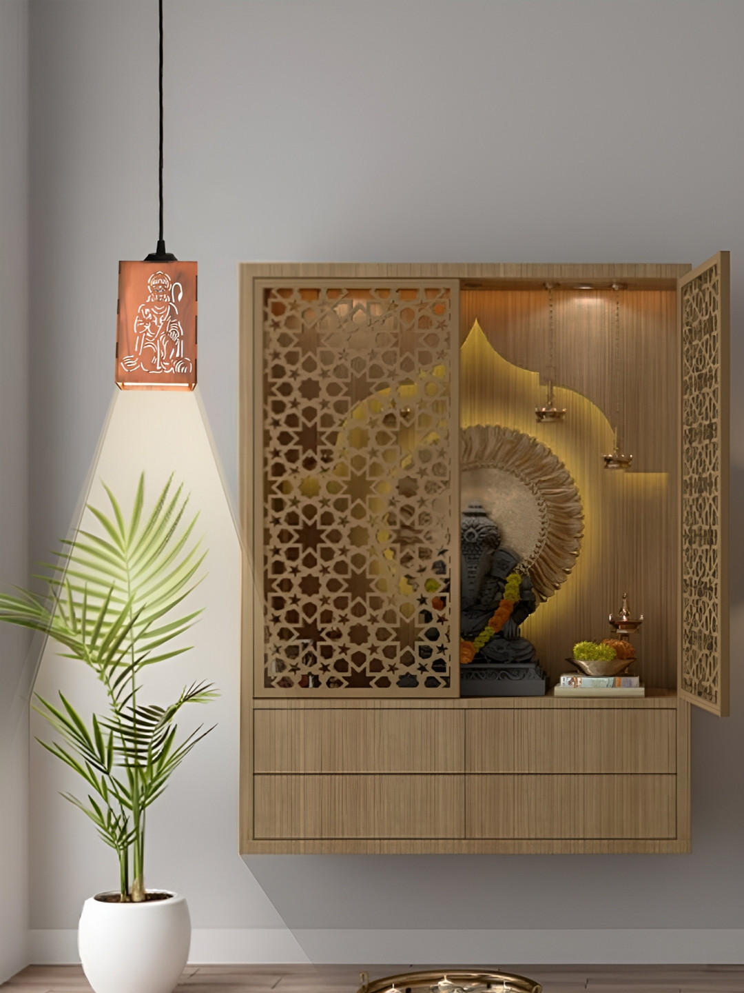 Gojeeva Brown Textured Wooden Ceiling Lamp With Adjustable Cord