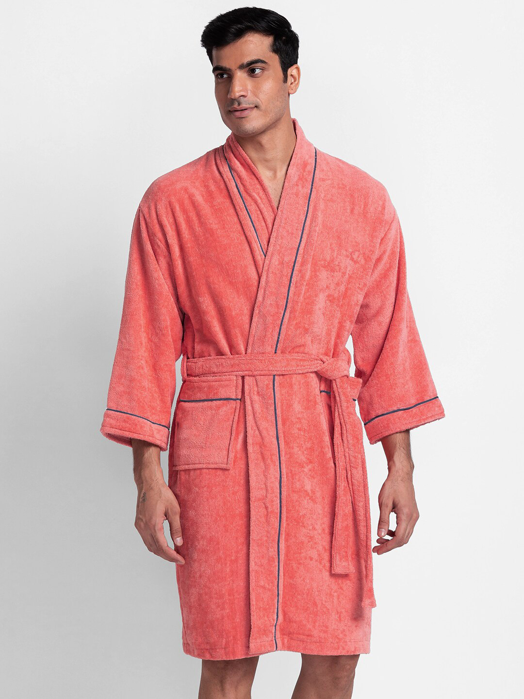 BIANCA Luxurious Ultra Soft Coral Solid Terrycloth Drawstring Knee Length Bath Robe-M