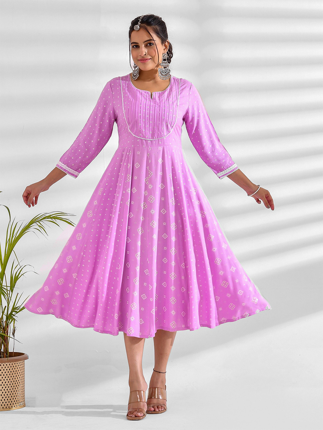 mokshi Notch Neck Print Fit & Flare Midi Dress