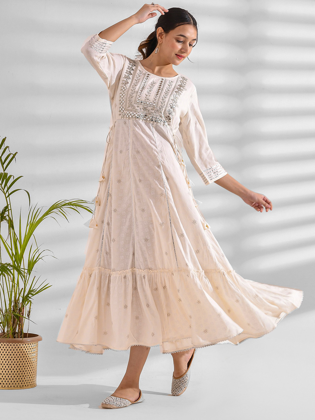 mokshi Round Neck Ethnic Embroidered Fit & Flare Maxi Dress with Tassels