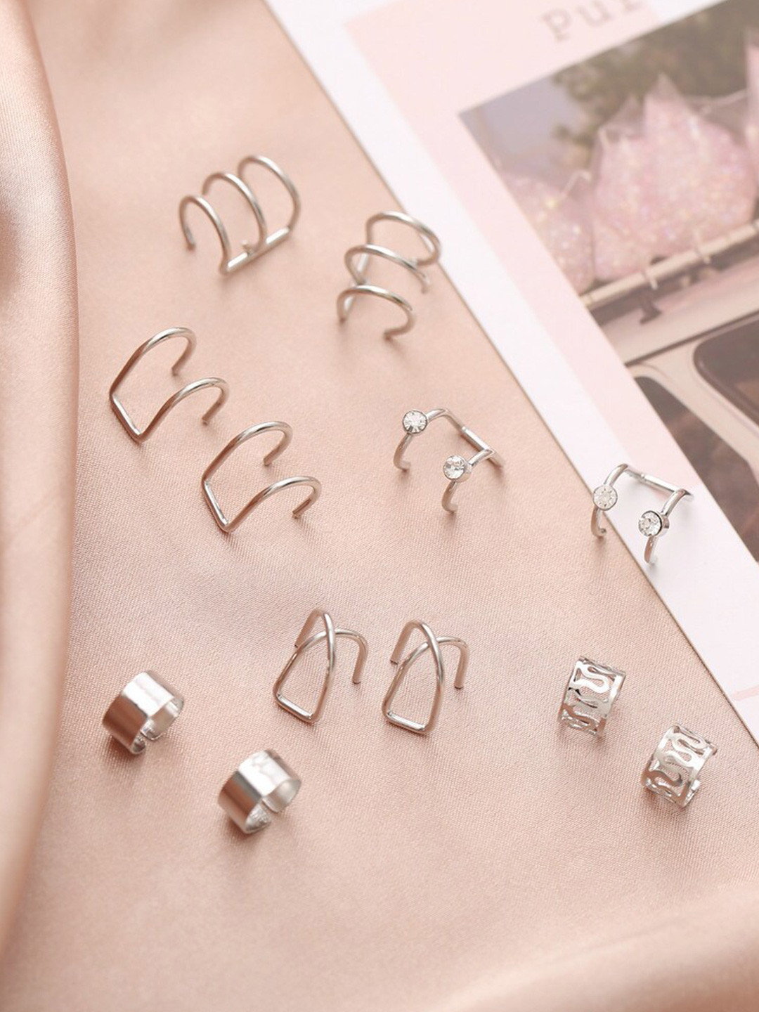 Shining Diva Fashion Set Of 6 Silver-Plated Clip On Ear Cuffs