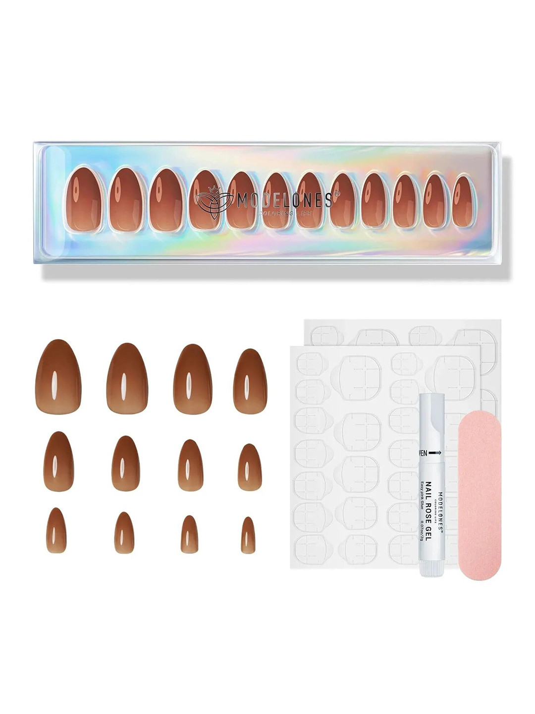 Modelones 24Pcs Fake Short Almond Press On Nails Kit - Opal Amber