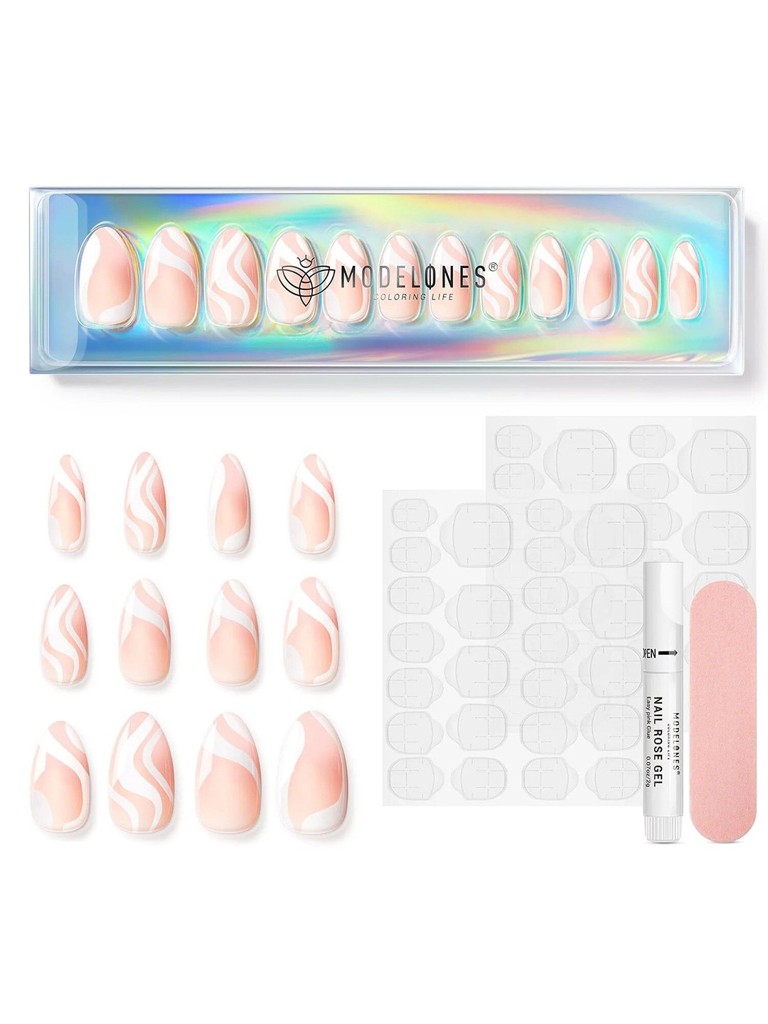 Modelones 24Pcs Fake Short Almond Press On Nails Kit - Line Waves