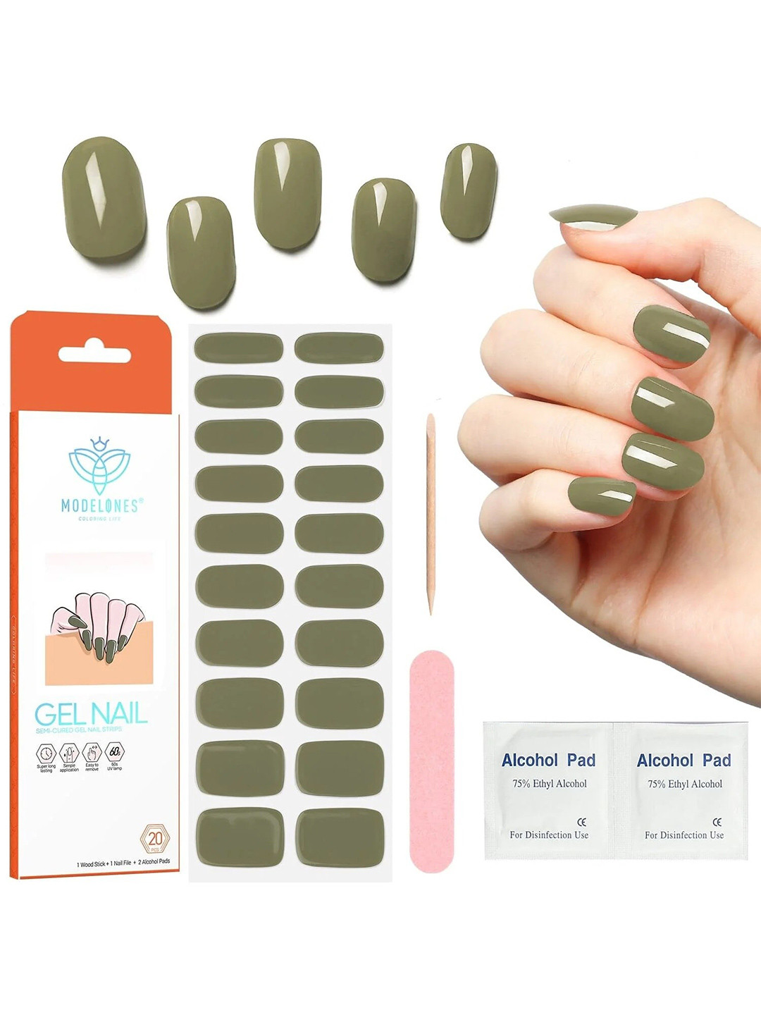 Modelones 20-Pcs Semi-Cured Gel Nail Strips - Olive Green
