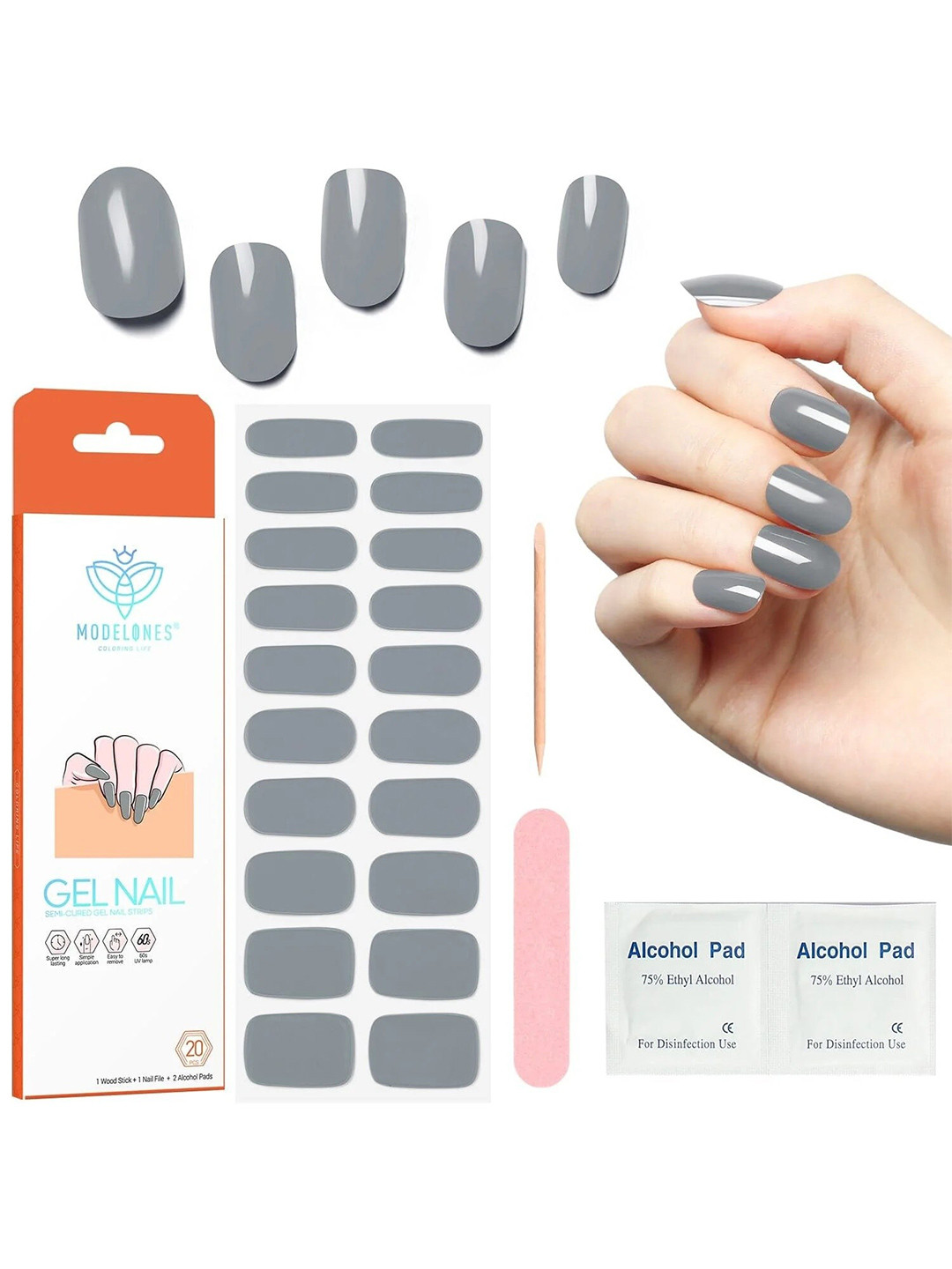 Modelones 20-Pcs Semi-Cured Gel Nail Strips - Ash Gray