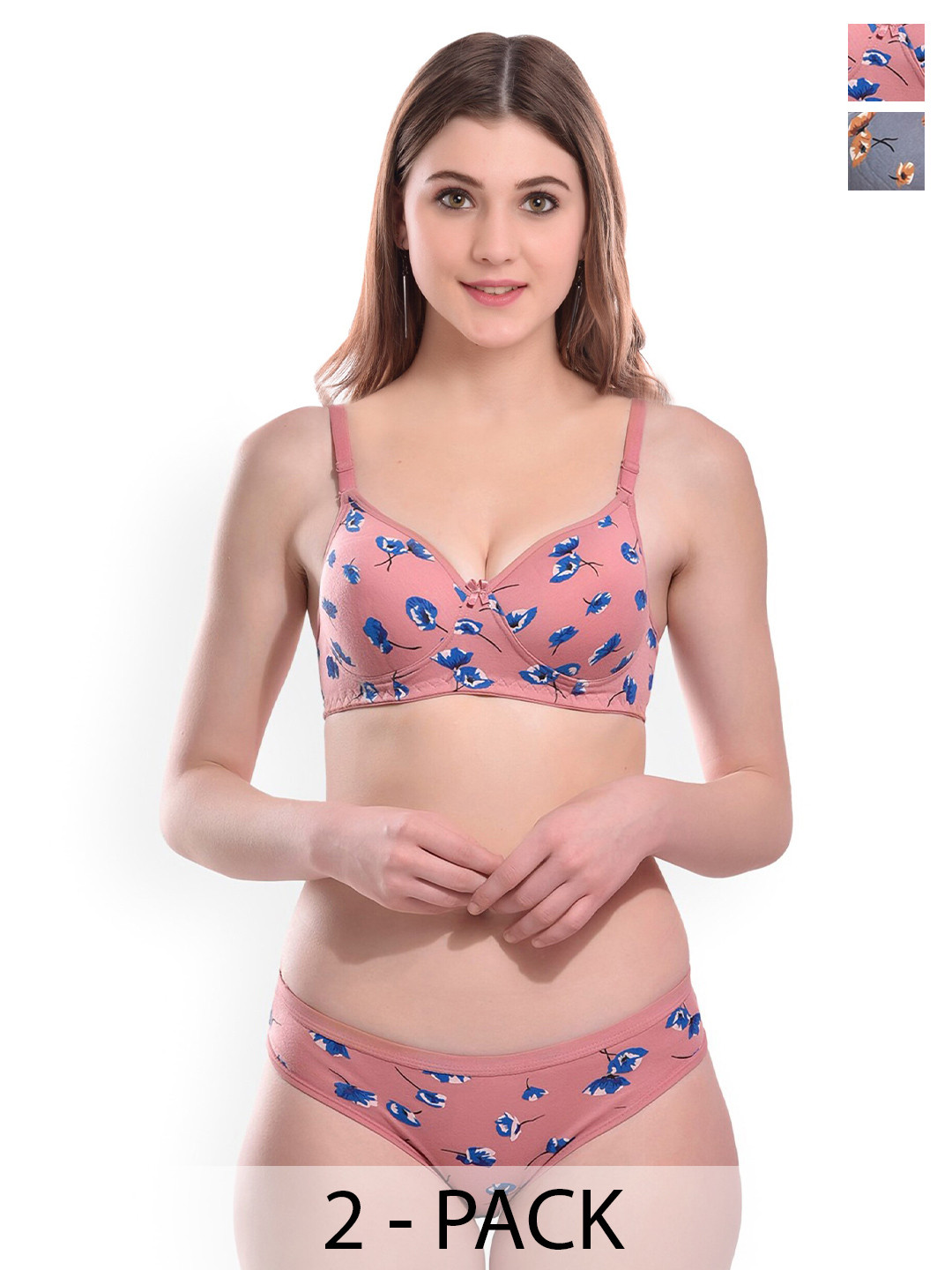 PIBU Pack Of 2 Printed Lightly Padded Cotton Lingerie Sets F_Kali-Set_Pink,Blue