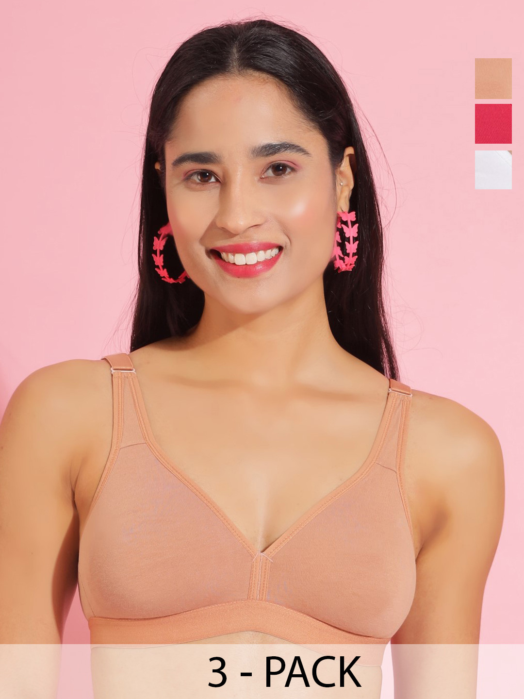 Dollar Missy Pack of 3 Women Cotton Wire-Free Basic Support Bra DES-1001-CRS-SK-WH-PO3