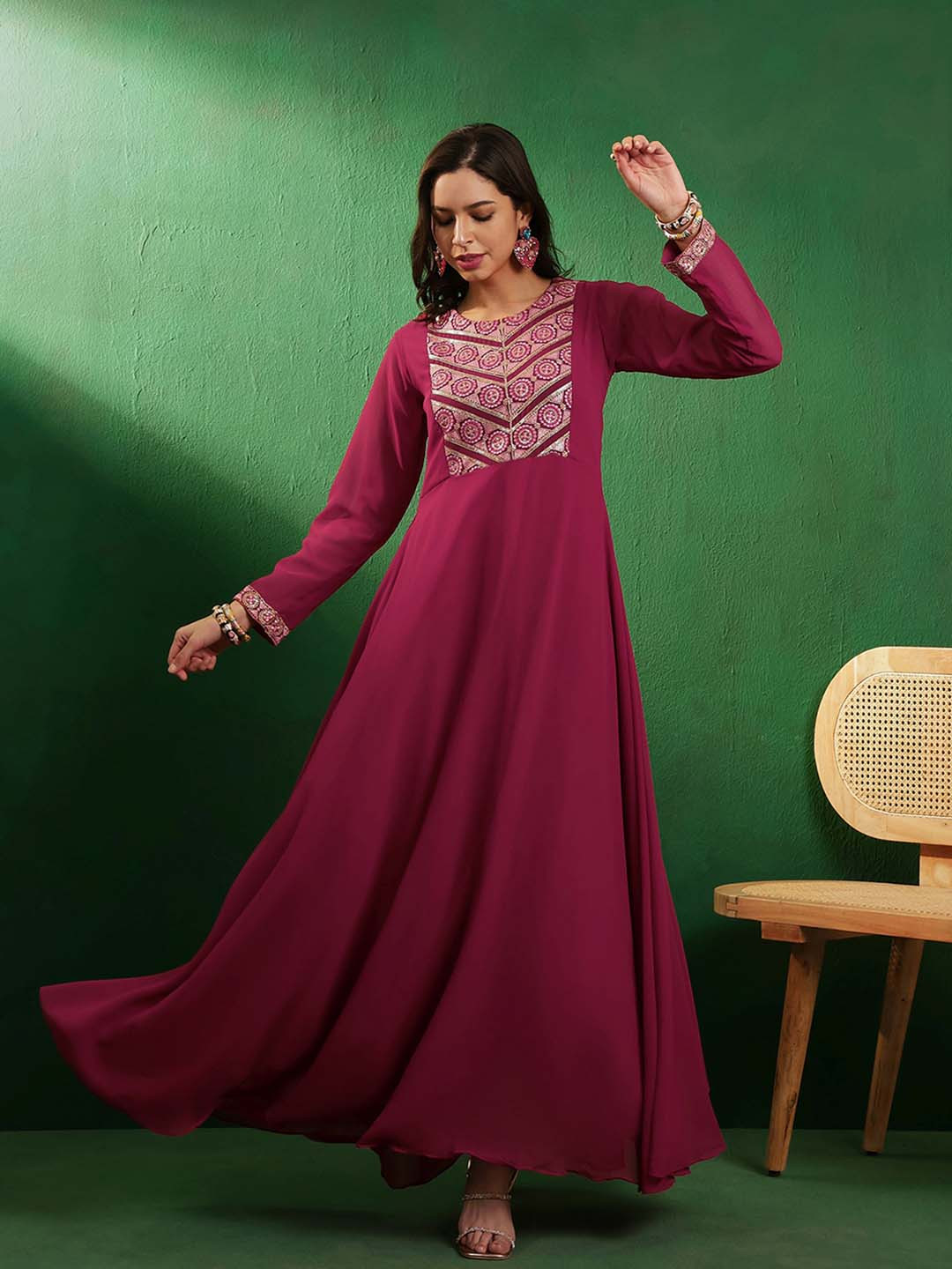 Sangria Pink Sequined Georgette Maxi Ethnic Dresses