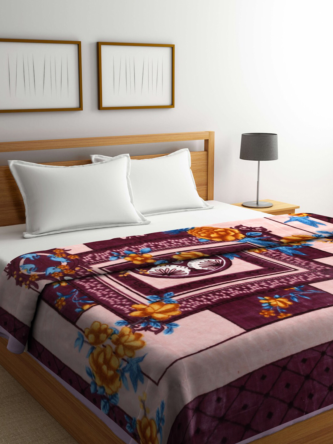 Arrabi Magenta & Yellow Floral Woollen Mild Winter Double Bed Blanket