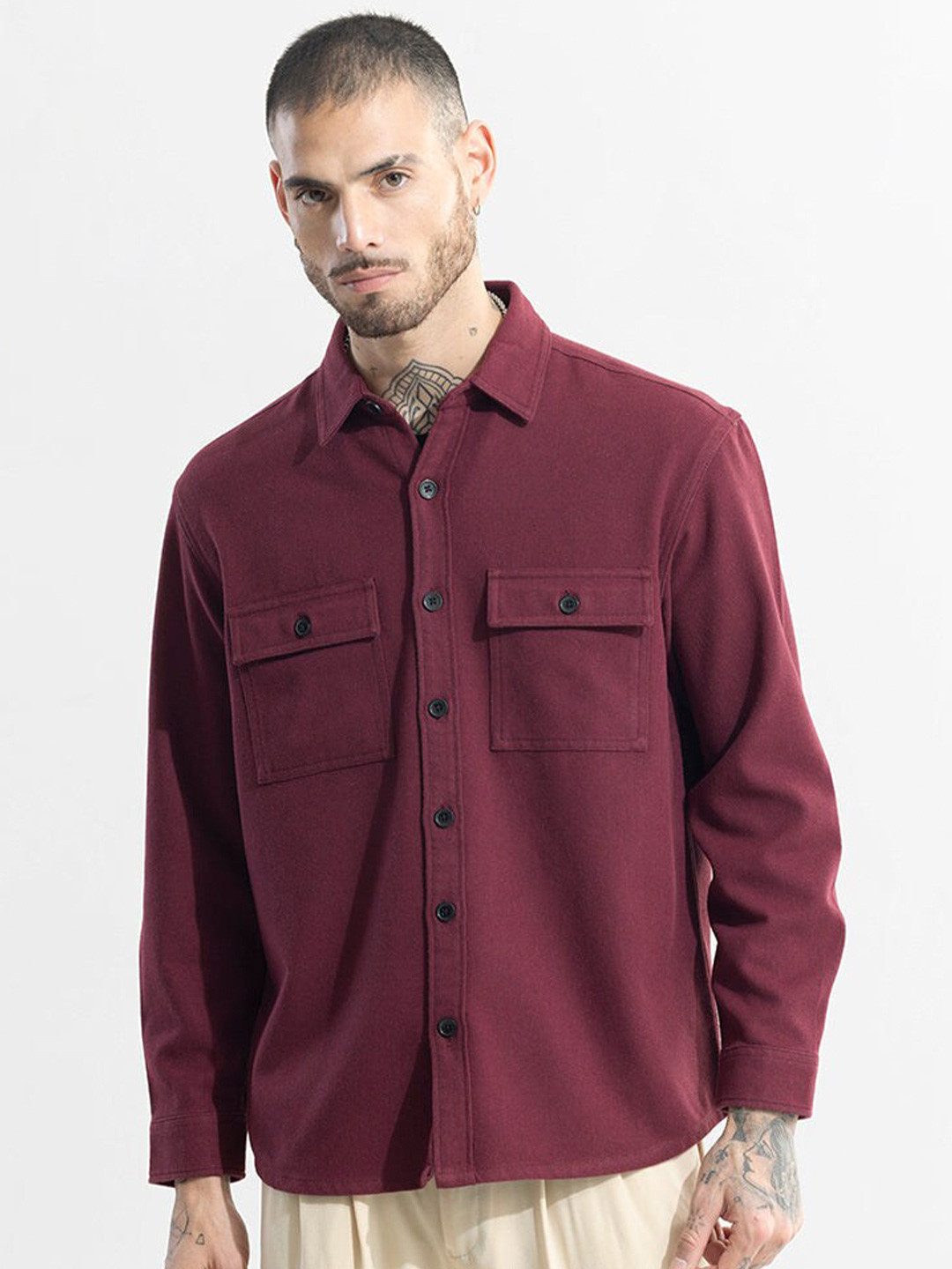 Snitch Maroon Classic Relaxed Fit Pure Cotton Casual Overshirt