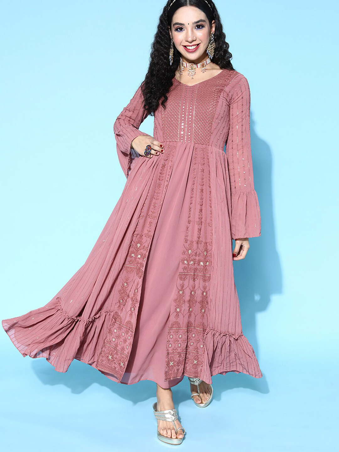 Sangria Pink Sequined Mirror Work Georgette Maxi Ethnic Dresses