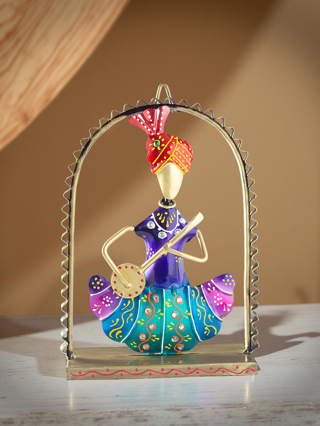 Golden Peacock Musician Blue Metal Metallic Living Room Music Medium Showpiece - 10 Inches