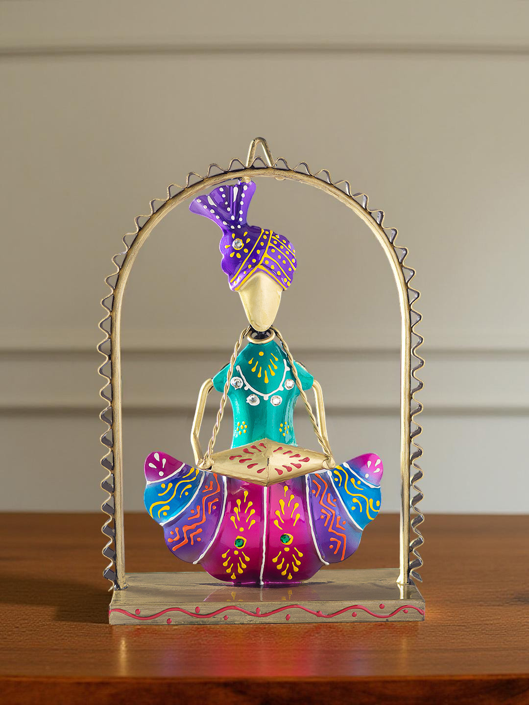 Golden Peacock Musican Cum Wall Hanging Blue Metal Metallic Living Room Music Medium Showpiece - 10 Inches