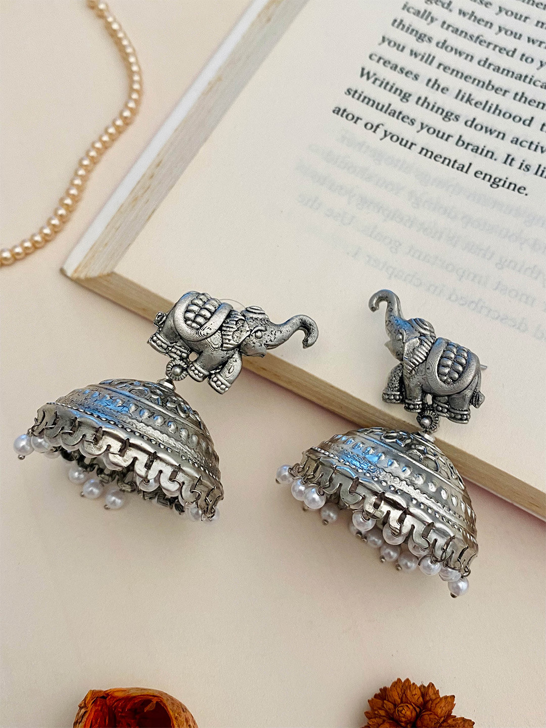 ABDESIGNS Women German Silver-Plated Stone Studded Beaded Trendy Oxidised Jhumka earrings