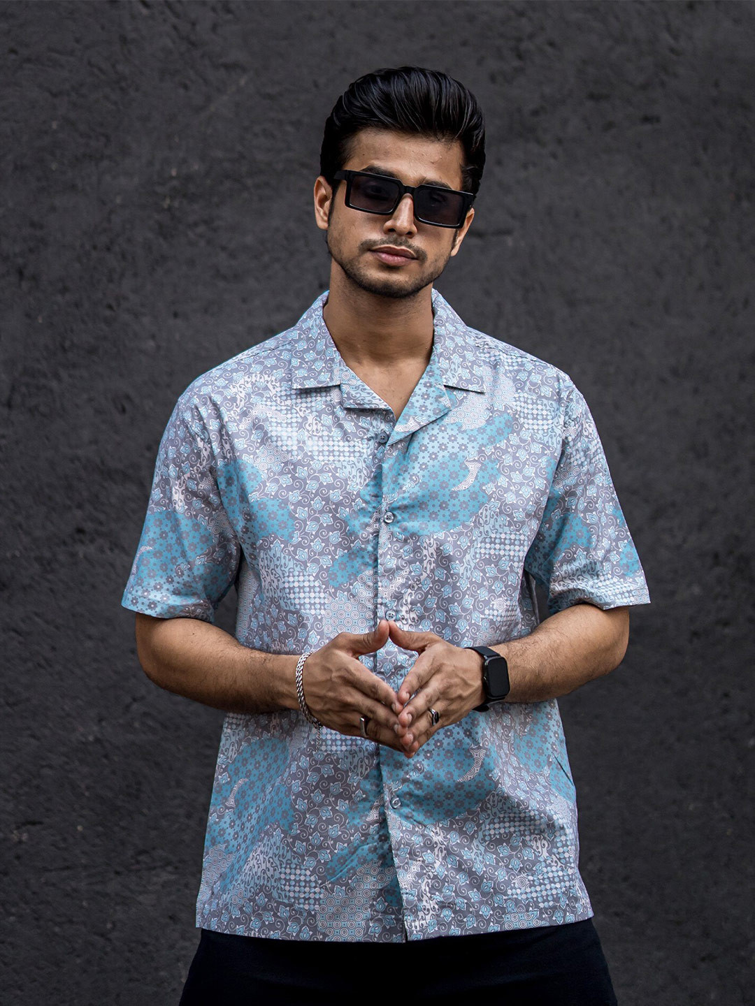 Maniac Classic Abstract Spread Collar Chest Pocket Half Sleeve Cotton Casual Shirt