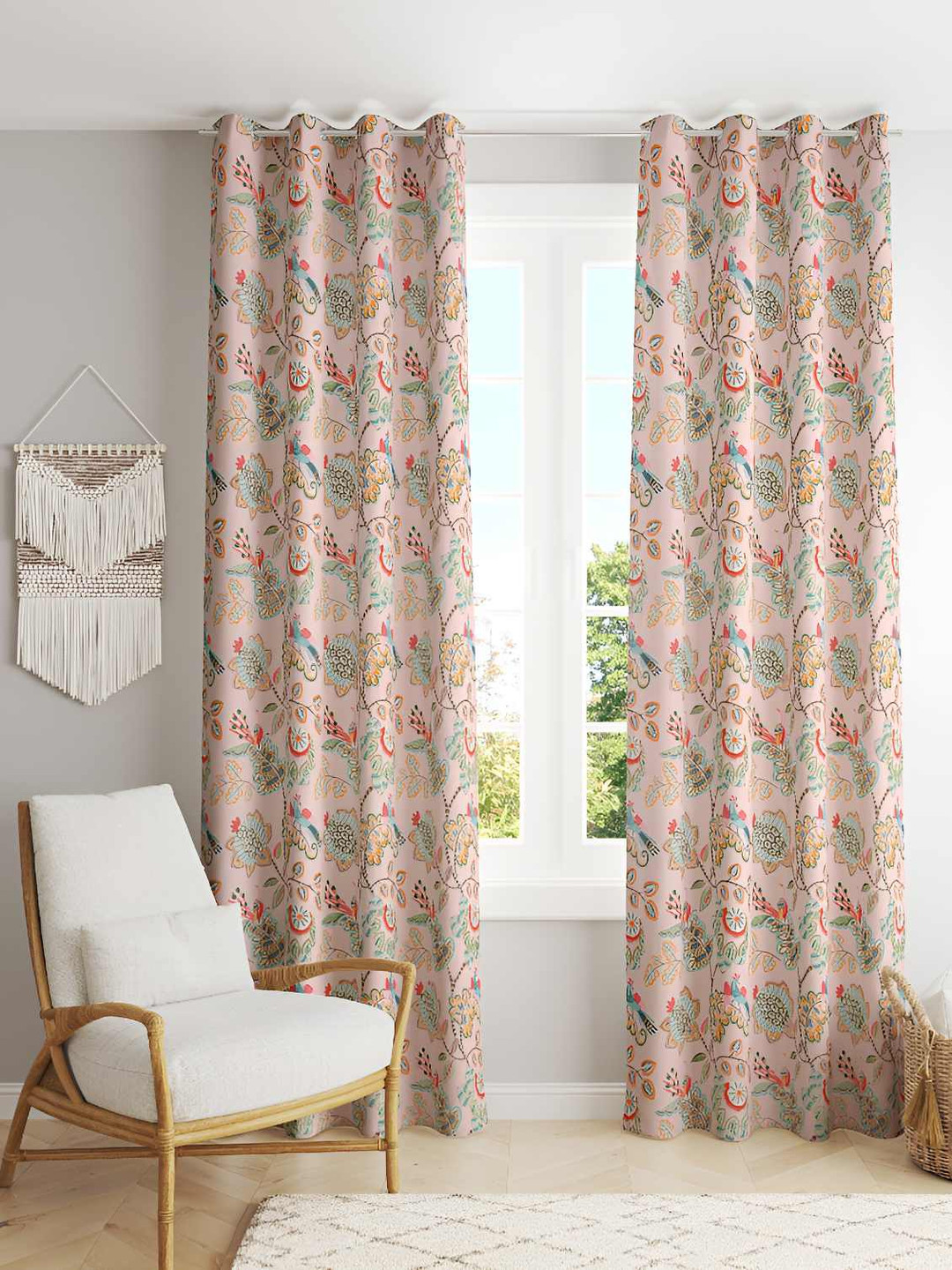 Jinaya's Pink & Green 2 Pieces Cotton Floral Printed Blackout Window Curtain