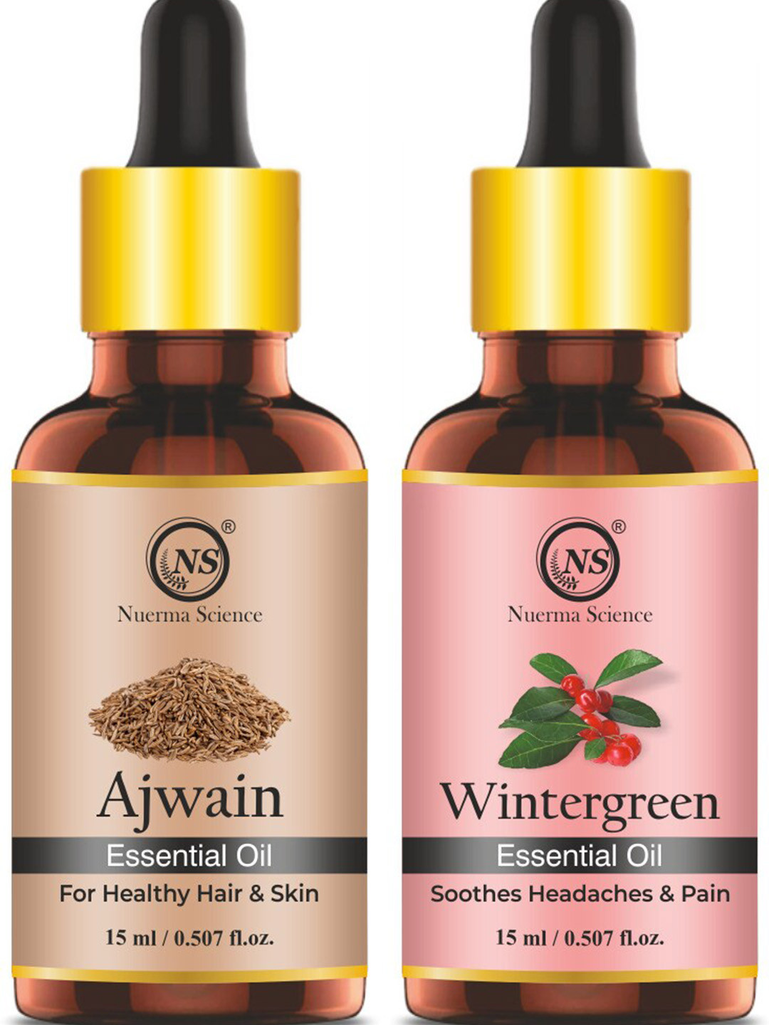 Nuerma Science Set Of 2 Pure Ajwain & Wintergreen Essential Oil 15ml Each