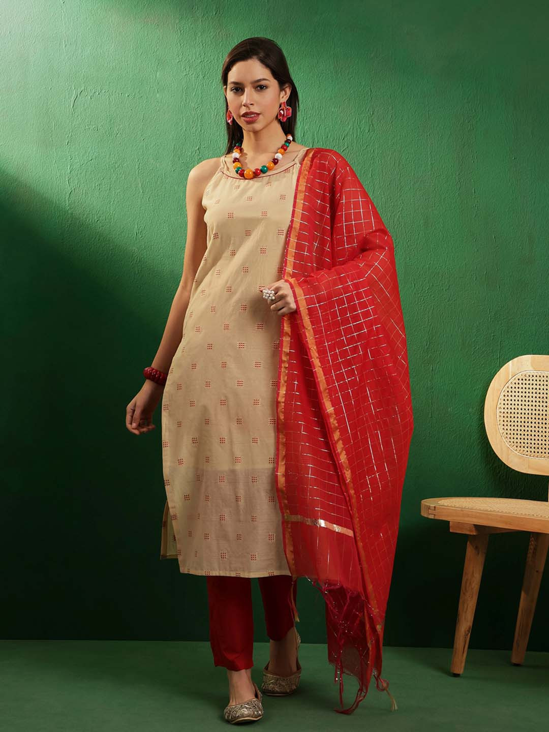 Sangria Boat Neck Chanderi Kurta, Trousers & Duppata Set