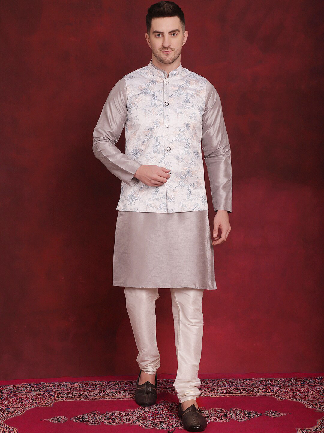 Jompers Woven Design Kurta With Pyjama & Nehru Jacket