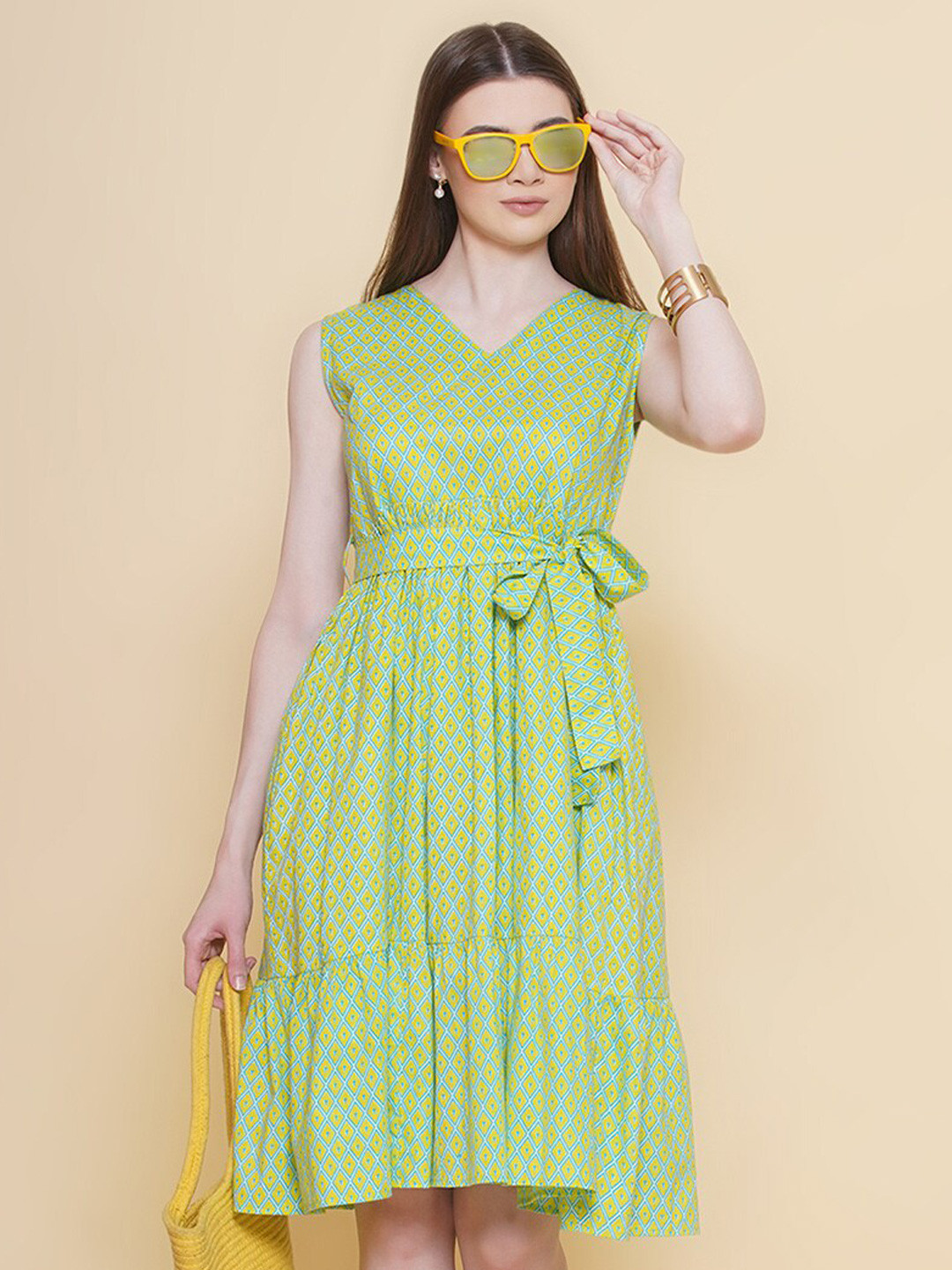 Modish Couture V-neck Ethnic Print Sleeveless Dress with Belt