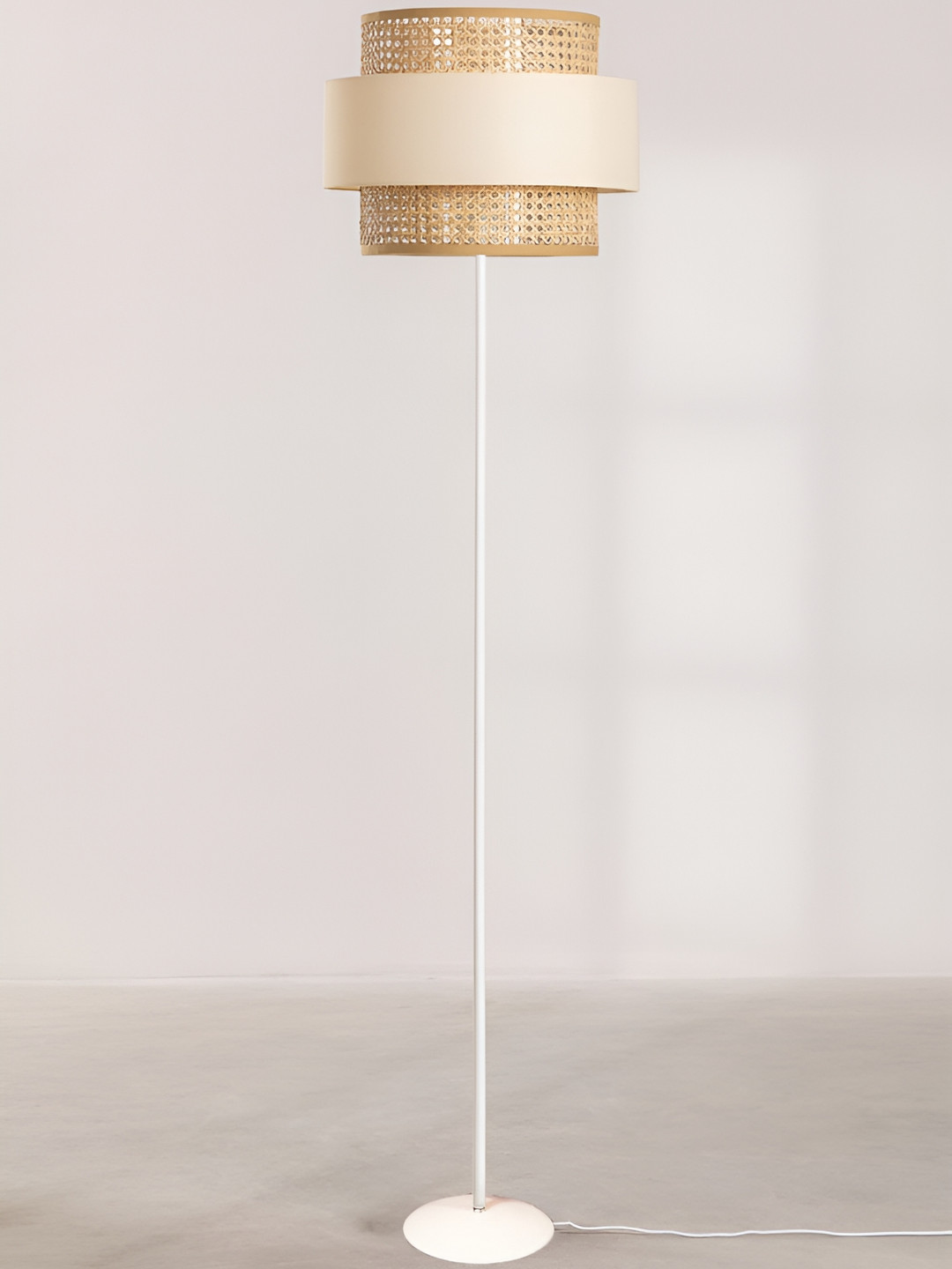 akway Beige & White Textured Cane Webbing Wooden Cylindrical Floor Lamp