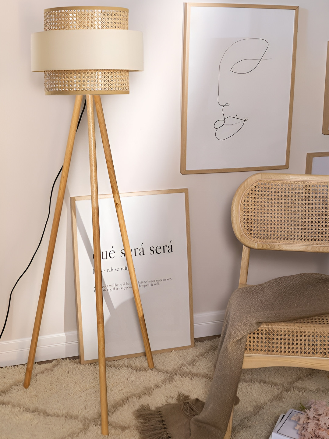 akway Beige & White Textured Cane Webbing Wooden Cylindrical Floor Lamp