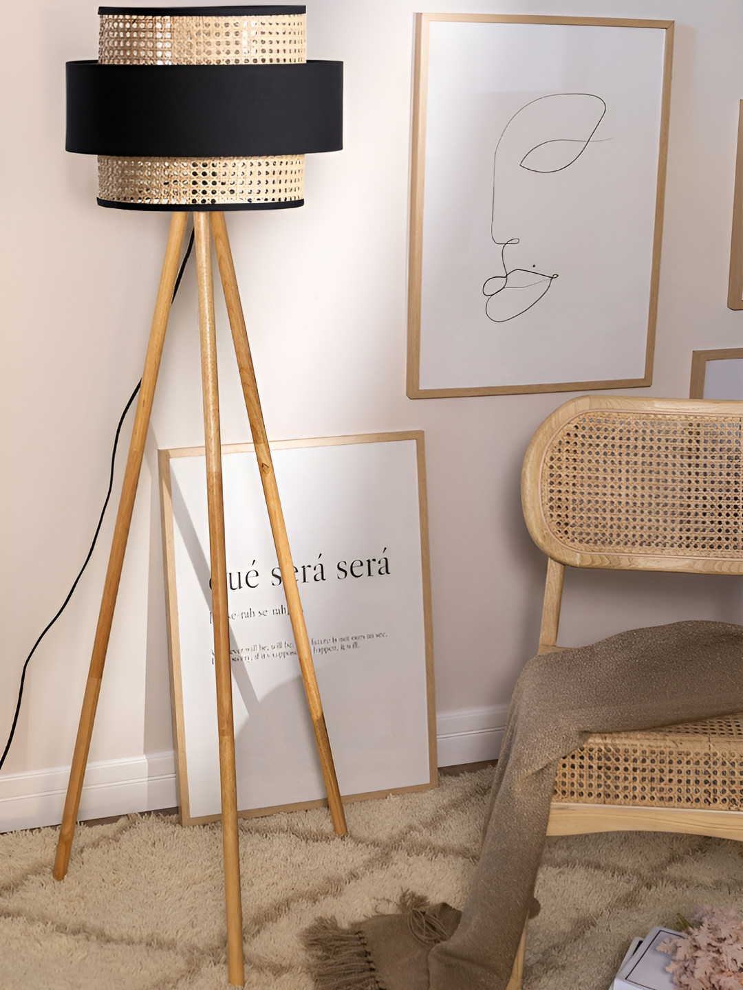 akway Black & Beige Textured Cane Webbing Wooden Cylindrical Floor Lamp