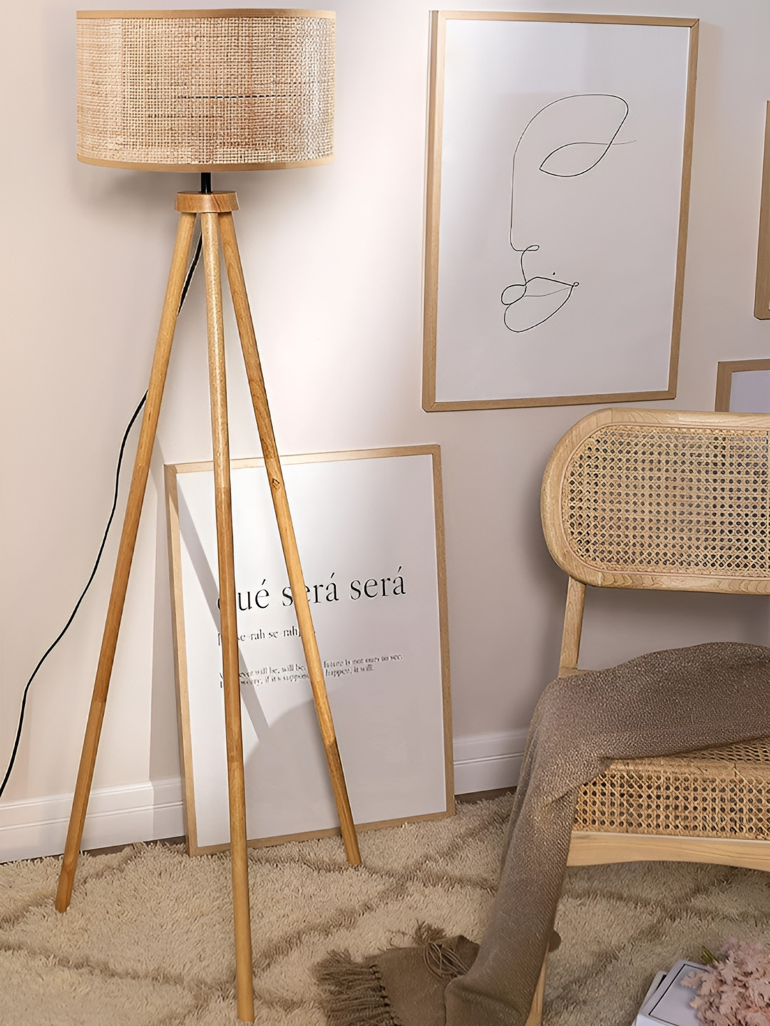 akway Beige Textured Cane Webbing Wooden Cylindrical Floor Lamp