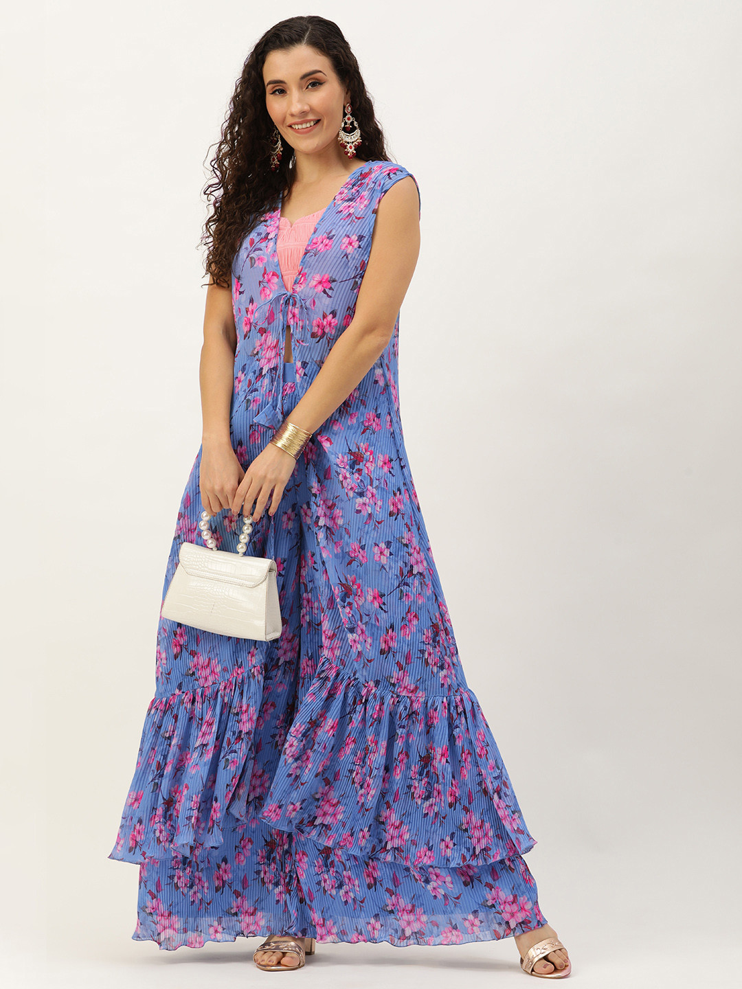 Ethnovog Women Printed Top with Palazzos and With Jacket
