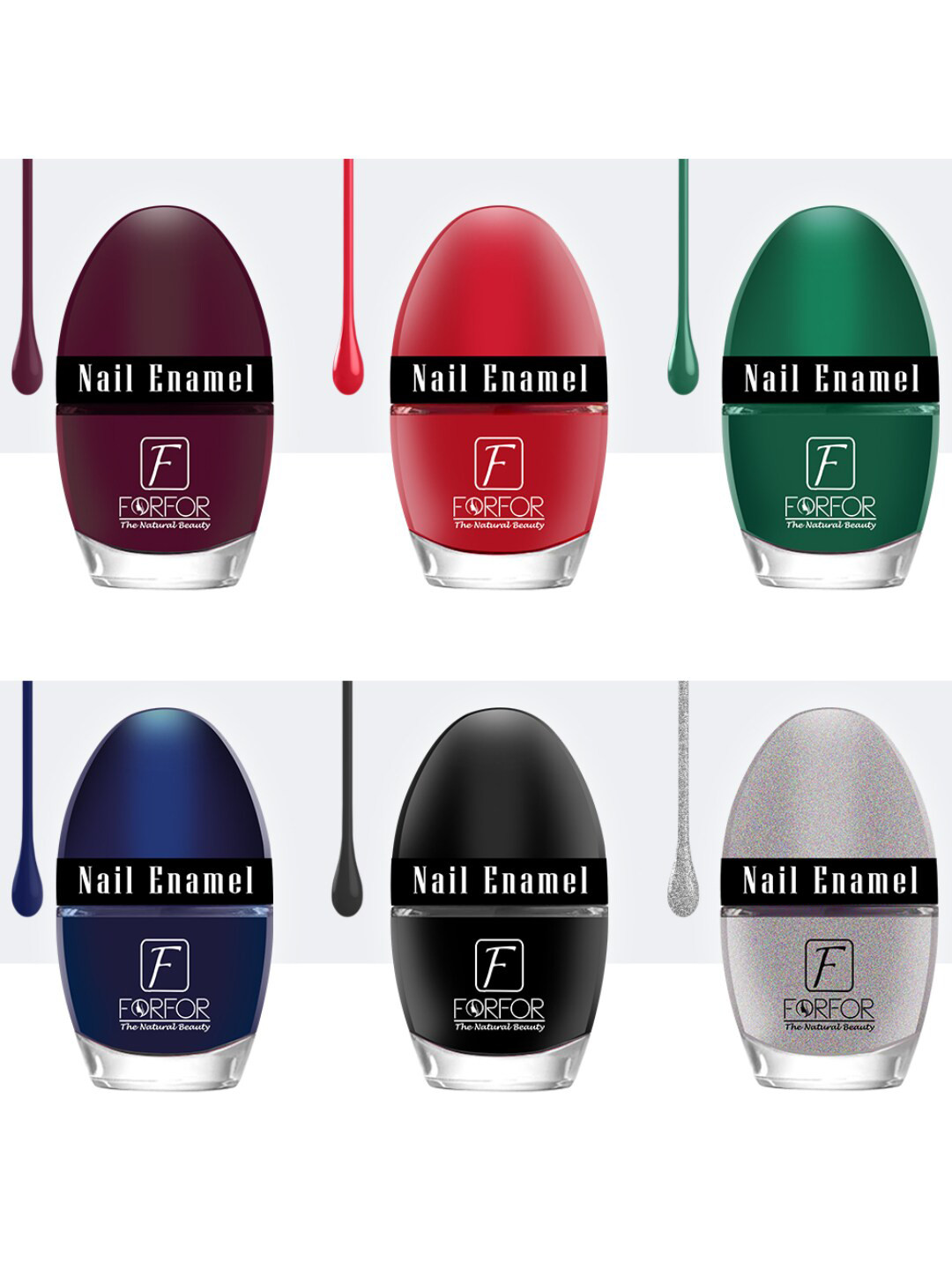 FORFOR 6-Pcs Jazzy Nail Enamel - 5ml Each - Maroon-Green-Blue-Black-Rich Red-Grey