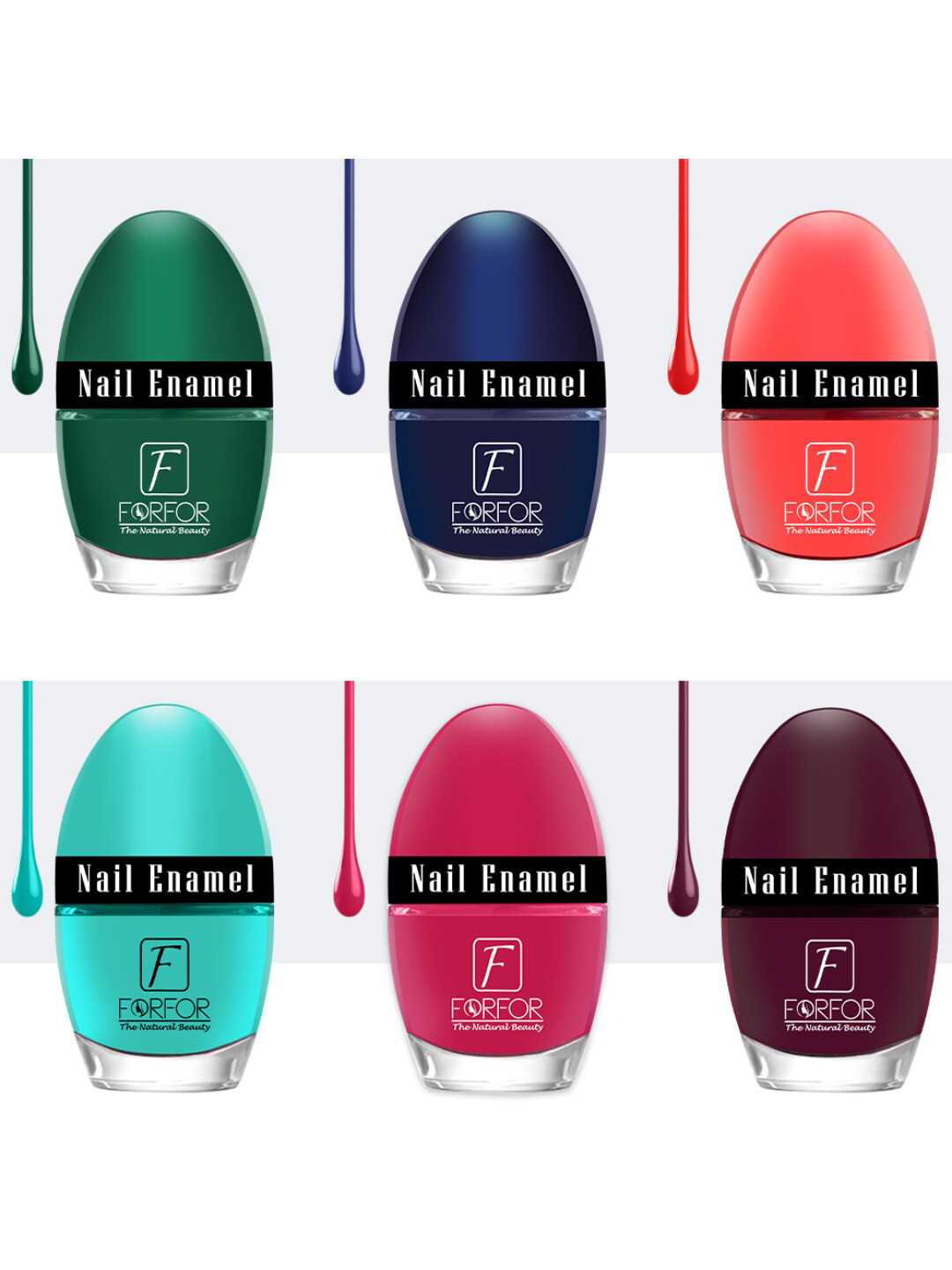 FORFOR Jazzy Set Of 6 Nail Enamel - 5ml Each - Cyan-Maroon-Red-Green-Blue-Magenta
