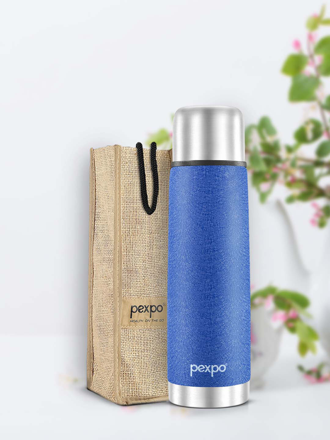 Pexpo Flamingo Blue Solid Stainless Steel Double Wall Vacuum Flask - 500ml