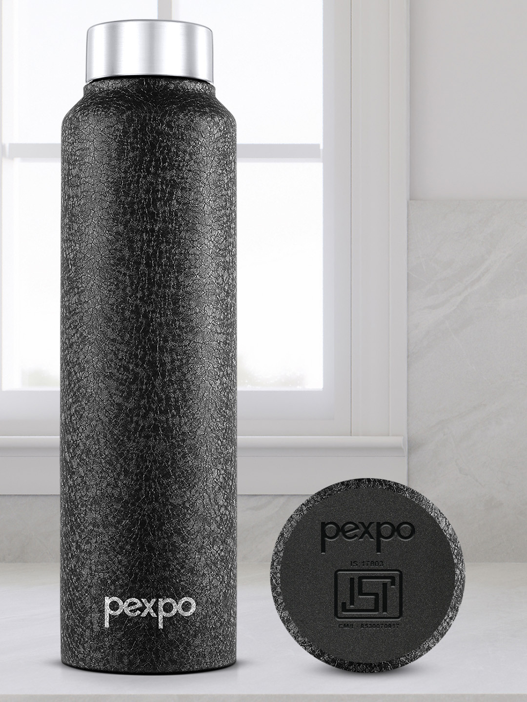 Pexpo Black Stainless Steel Spill Proof Water Bottle - 1L