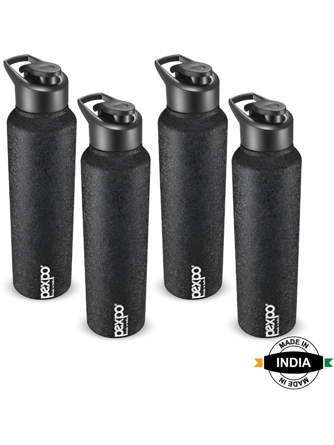 Pexpo Black Solid Stainless Steel Single Wall Vacuum 4 Piece Water Bottle - 1L