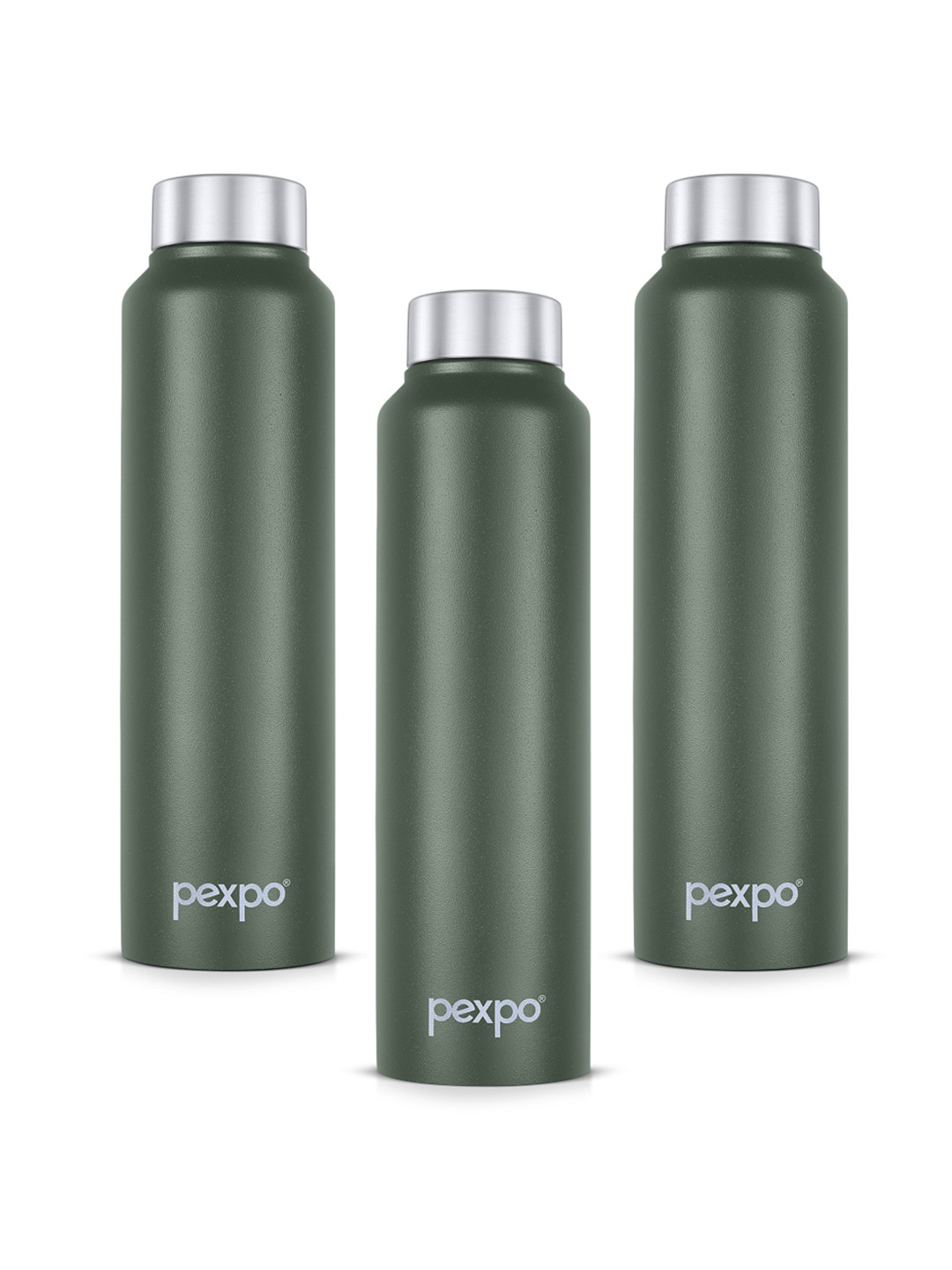 Pexpo Chromo Green Solid Stainless Steel Single Wall Vacuum 3 Piece Water Bottle - 1L