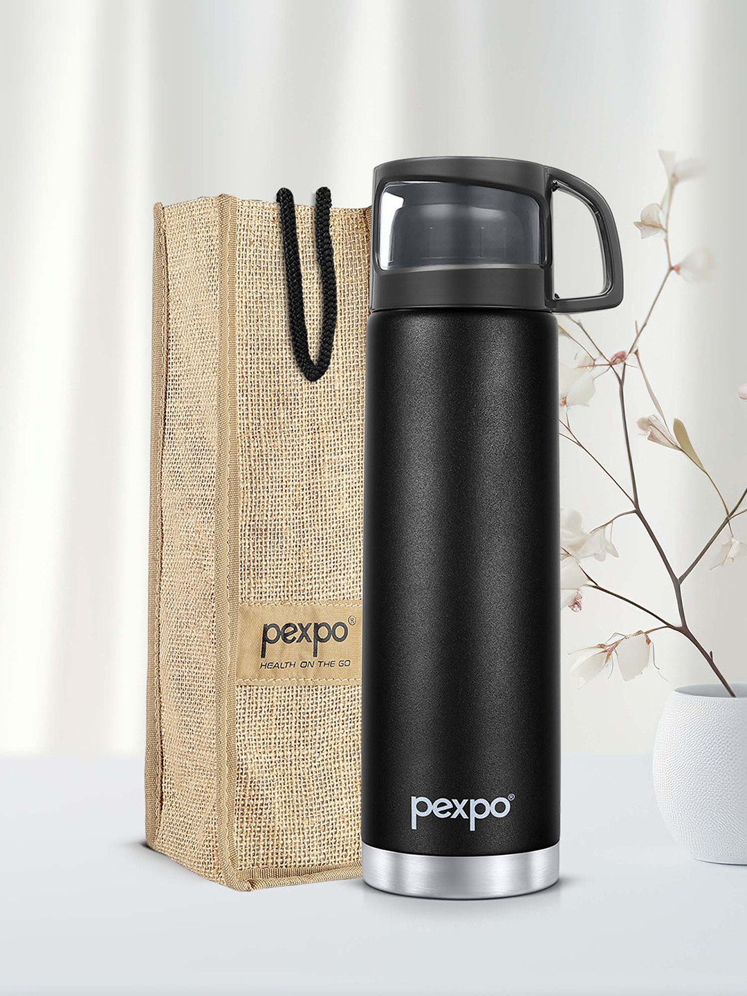 Pexpo Fererro Black Solid Stainless Steel Double Wall Vacuum Flask - 1L