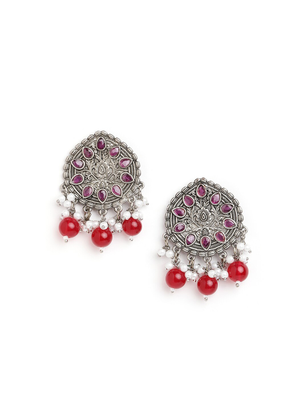 Anouk Red Brass-Plated Stone Studded Beaded Drop Earrings