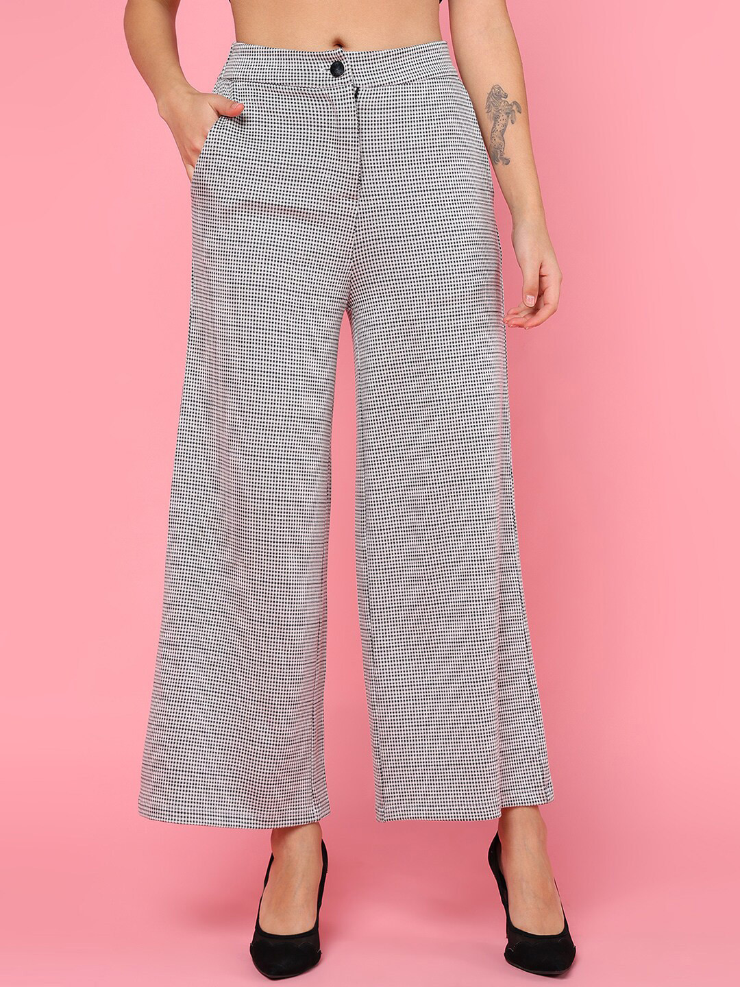 Mast & Harbour Women Black Flared Micro Checked Parallel Trousers