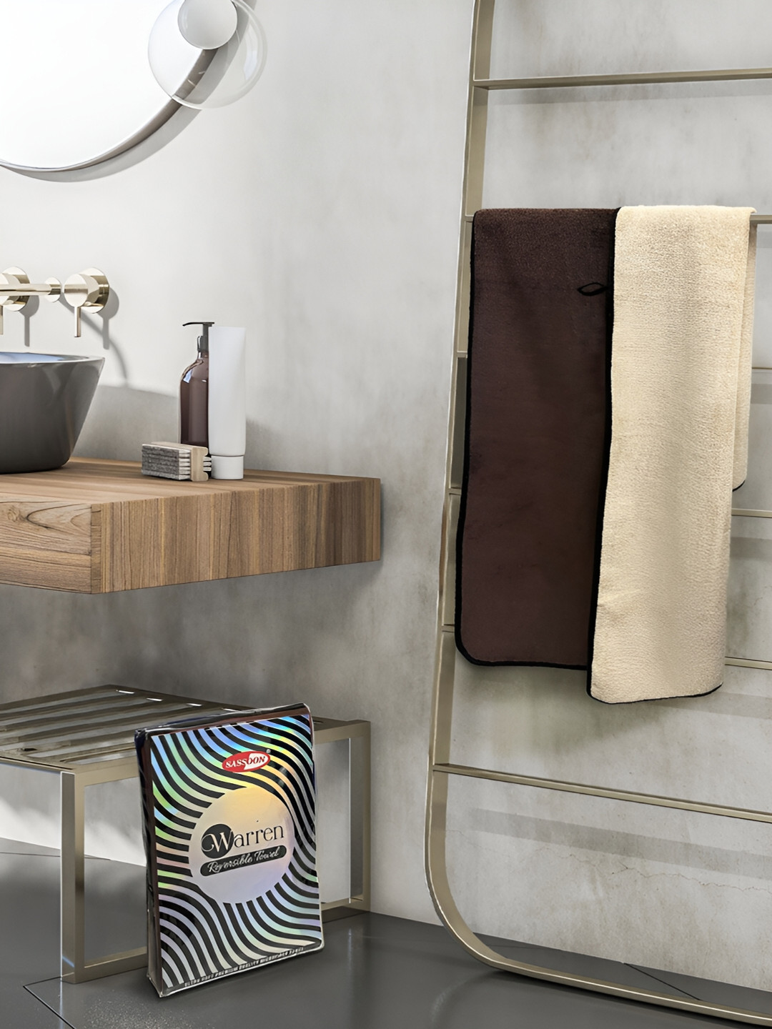 Sassoon Beige & Coffee Brown Cotton 650 GSM Bath Towel