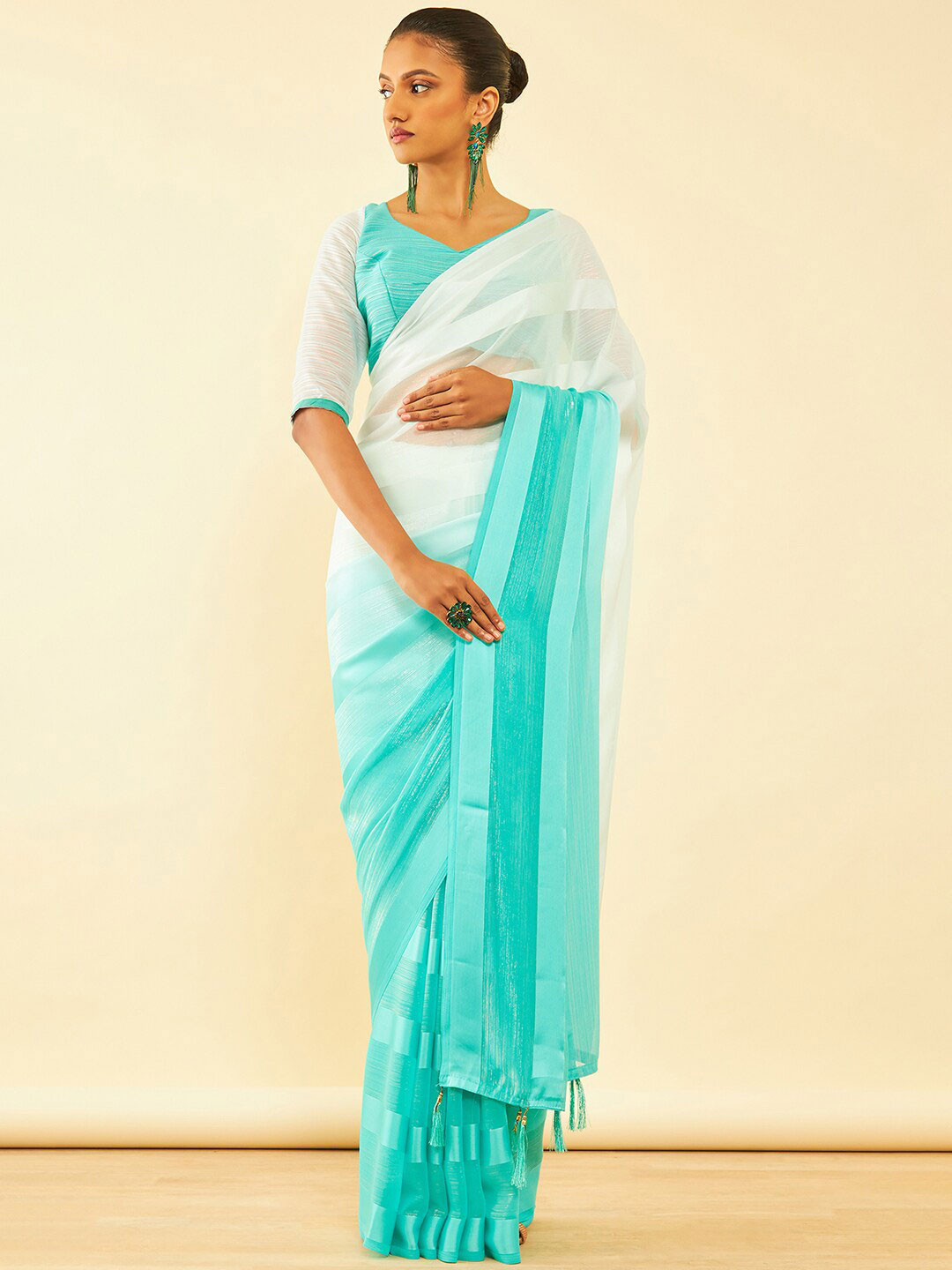 Soch Green Ombre Striped Pure Chiffon Saree