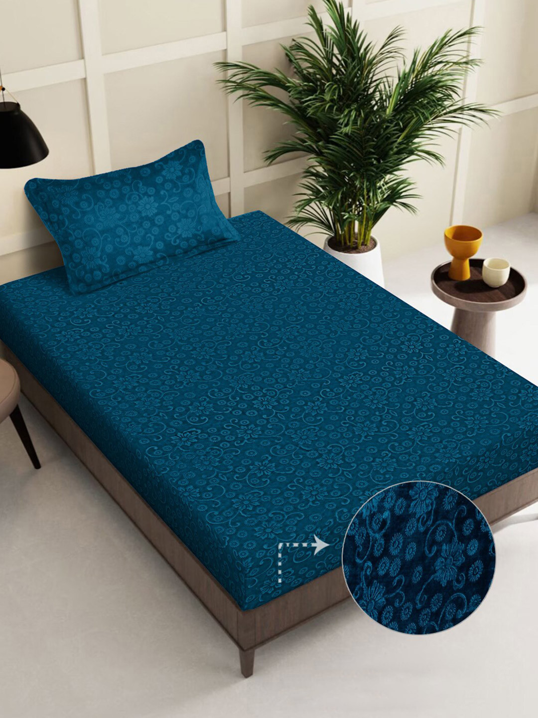 FABINALIV Teal Floral Wool 300 TC Single Fine Bedsheet with a Pillow Cover-225 x 150 cm