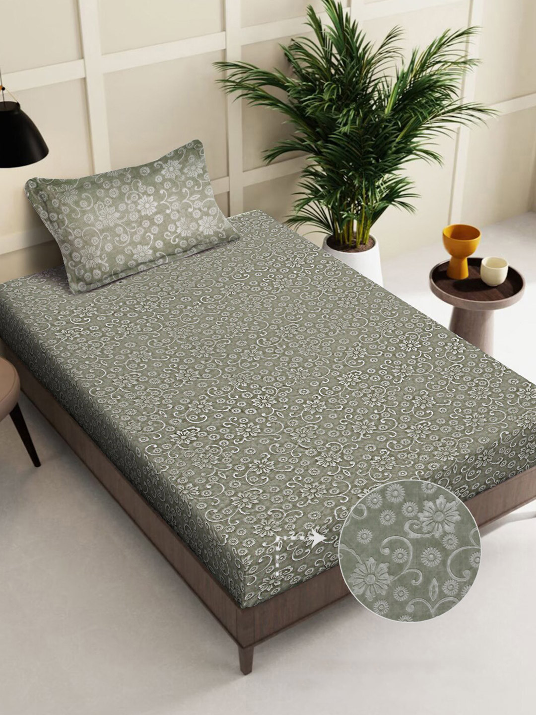 FABINALIV Taupe Floral Wool 300 TC Single Fine Bedsheet with a Pillow Cover-225 x 150 cm